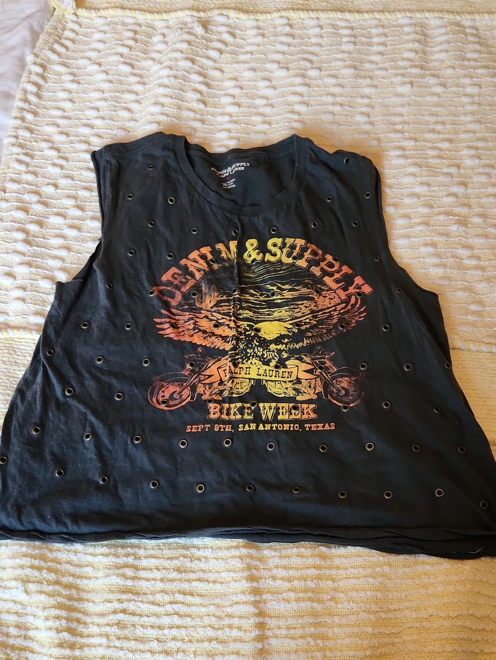Ralph Lauren Black Sleeveless Graphic Tee with Orange and Yellow Print